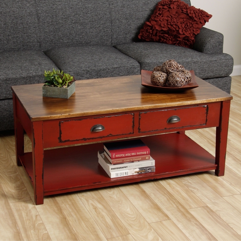 Rustic Red Coffee Table with Storage Drawers