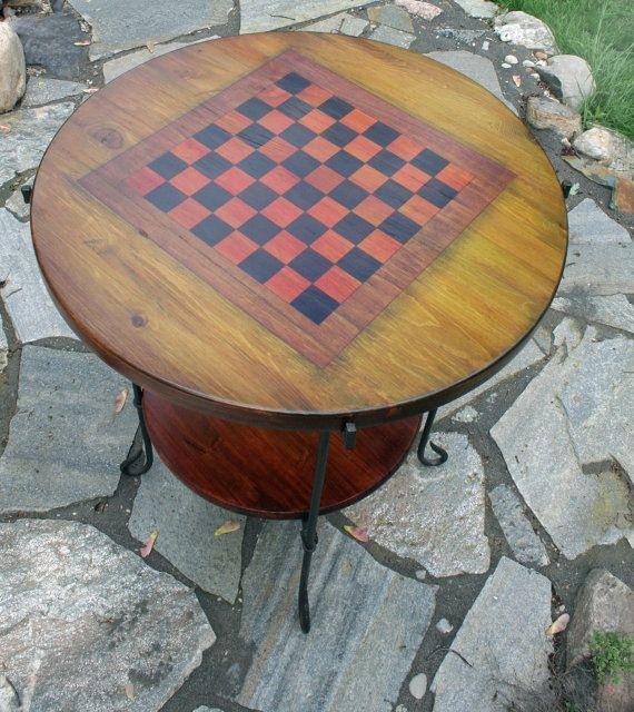 Rustic Round Wooden Checkerboard Game Table