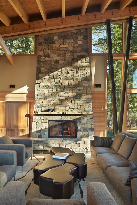 Rustic Stacked Stone Fireplace in Modern Living Room