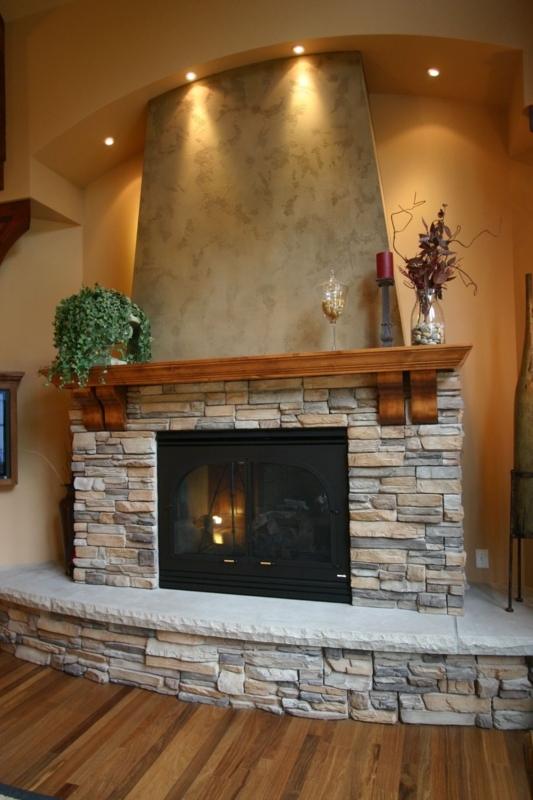 Rustic Stacked Stone Fireplace with Wooden Mantel
