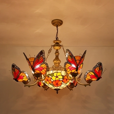 Rustic Stained Glass Butterfly Chandelier with 7 Lights