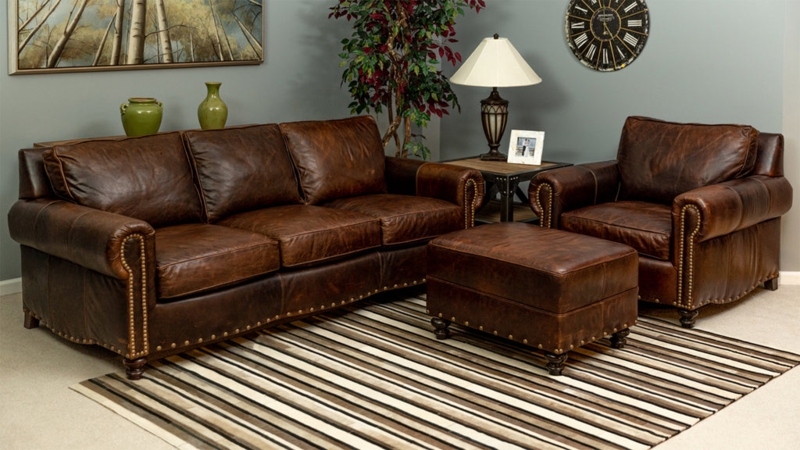 Rustic Top Grain Leather Sofa Set with Ottoman