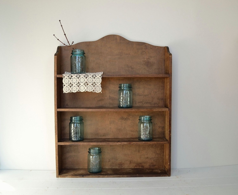 Rustic Vintage Wood Wall Shelf with Glass Jars