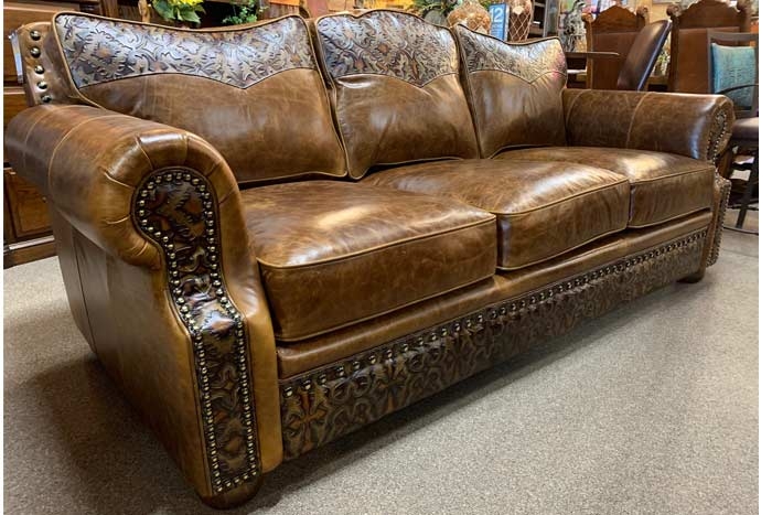 Rustic Western Brown Leather Sofa with Distinctive Detailing