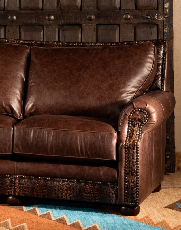 Rustic Western Curved Leather Sofa with Nailhead Trim