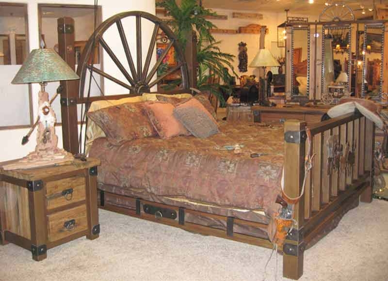 Rustic Western Iron Bed with Wagon Wheel Headboard