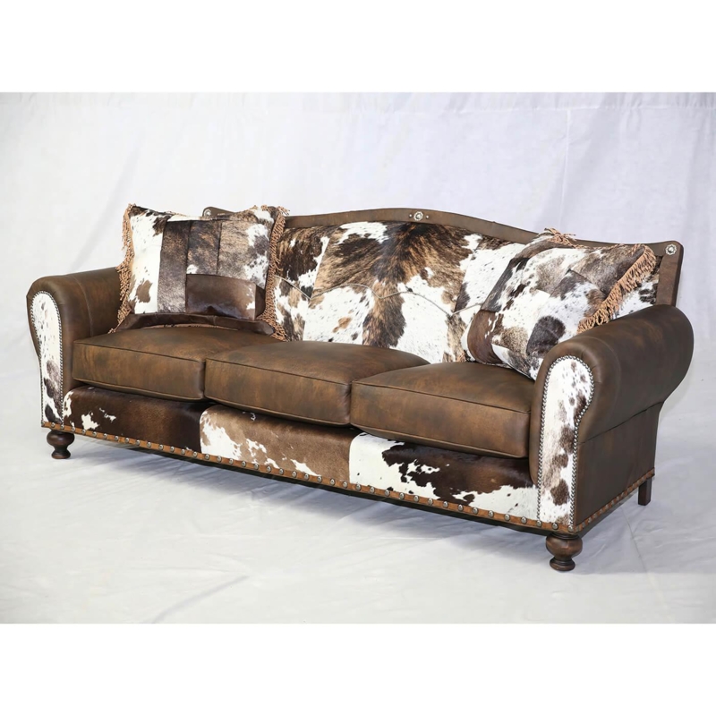 Rustic Western Leather and Cowhide Sofa