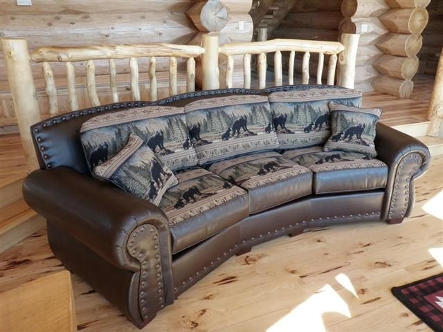 Rustic Western Leather Sofa with Bear Print Cushions