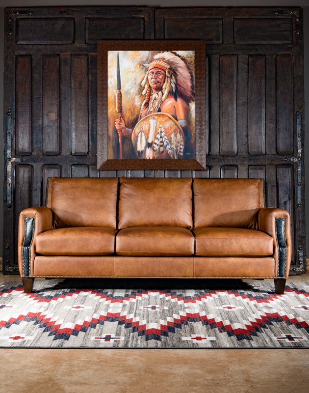 Rustic Western Leather Sofa with Native American Artwork