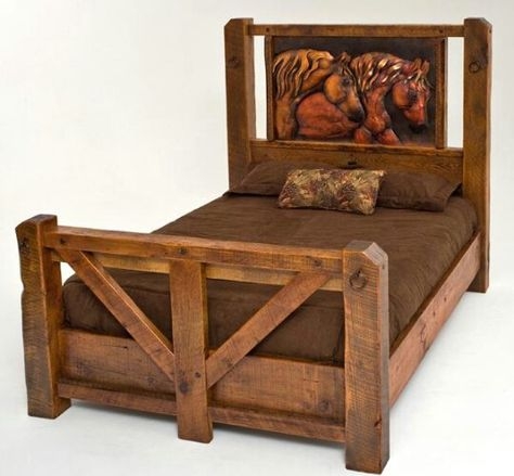 Rustic Western Wooden Bed Frame with Horse Carving