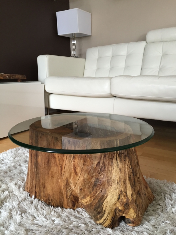 Rustic Wood Stump Coffee Table with Glass Top