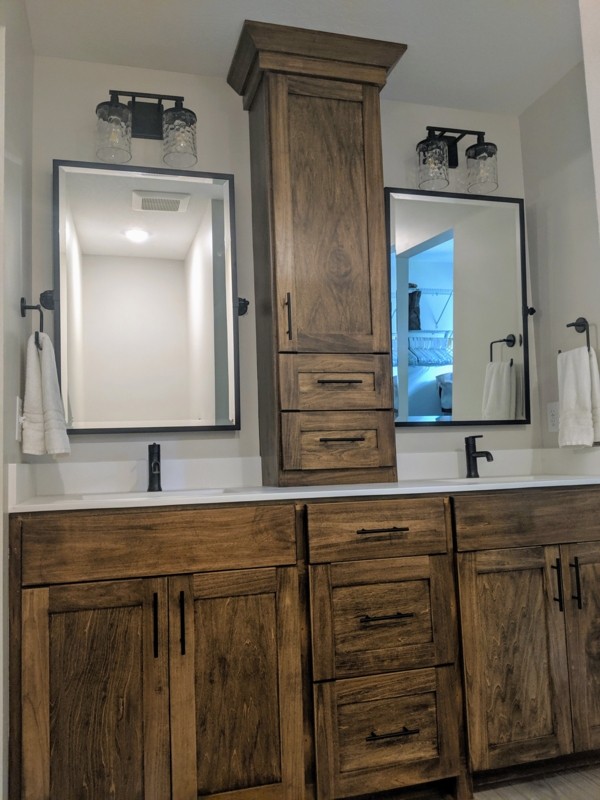 Rustic Wooden Bathroom Vanity with Dual Mirrors