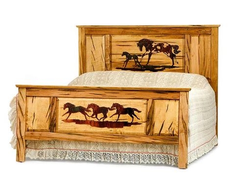 Rustic Wooden Bed Frame with Western Horse Design