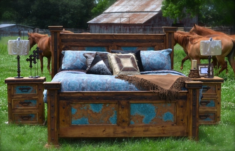 Rustic Wooden Bed with Copper Accents and Bedding