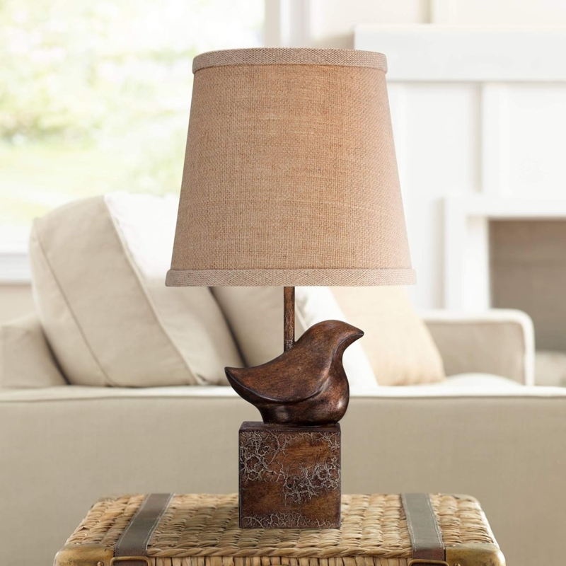 Rustic Wooden Bird Table Lamp with Natural Shade