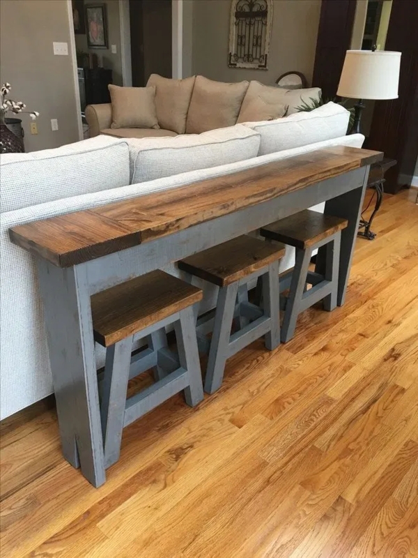 Rustic Wooden Console Table with Matching Stools