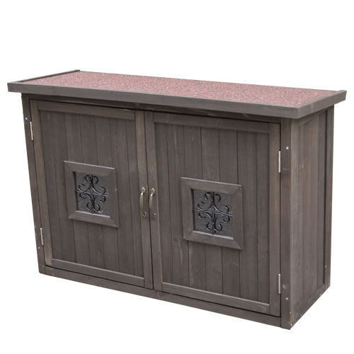 Rustic Wooden Outdoor Storage Shed with Decorative Doors