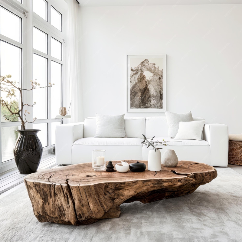 Rustic Wooden Tree Stump Coffee Table in Minimalist Living Room
