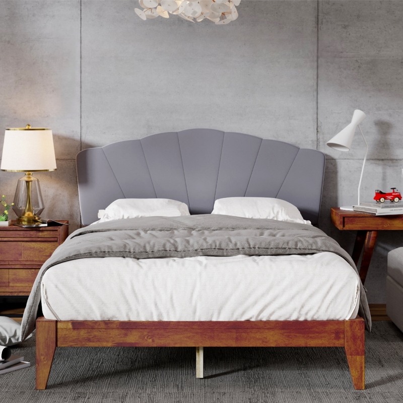 Scalloped Headboard Queen Size Rubberwood Platform Bed