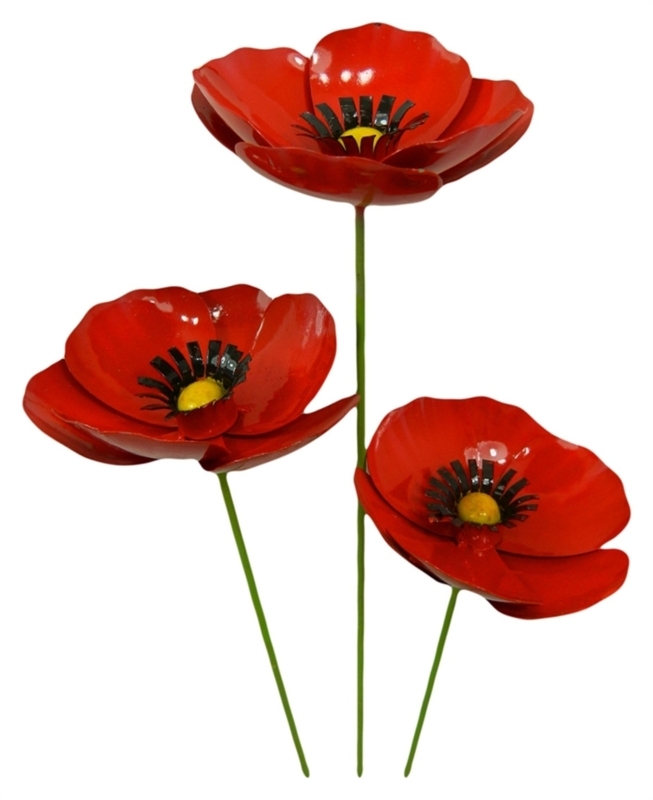 Set of 3 Metal Flower Garden Ornament Poppy on 100cm Stick | Etsy