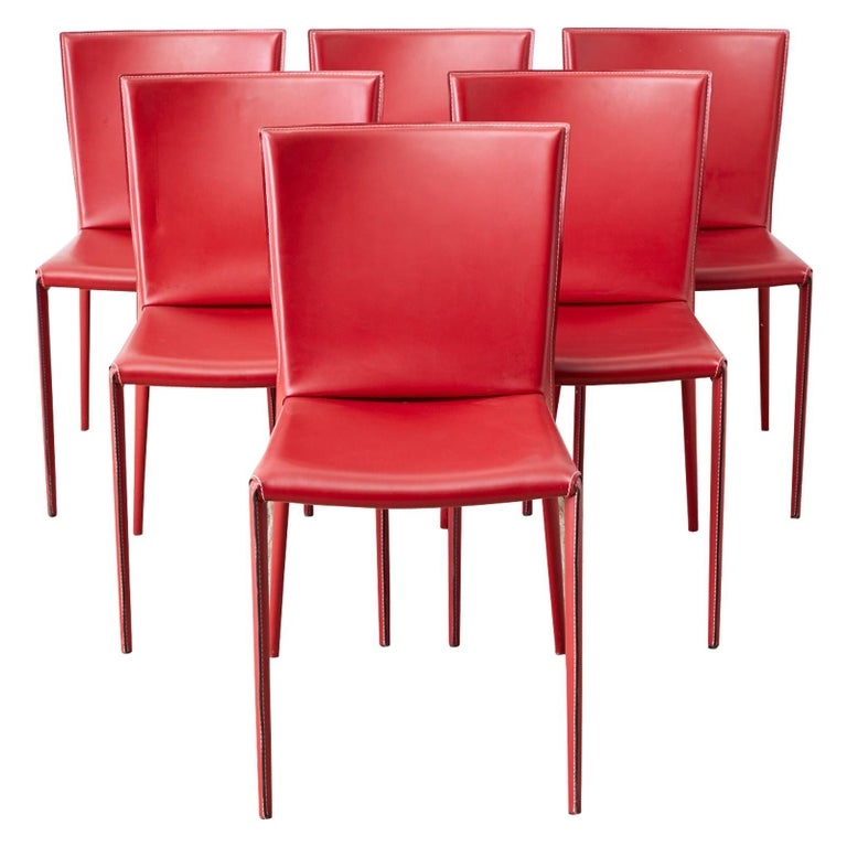 Set of Six Italian Red Leather Dining Chairs