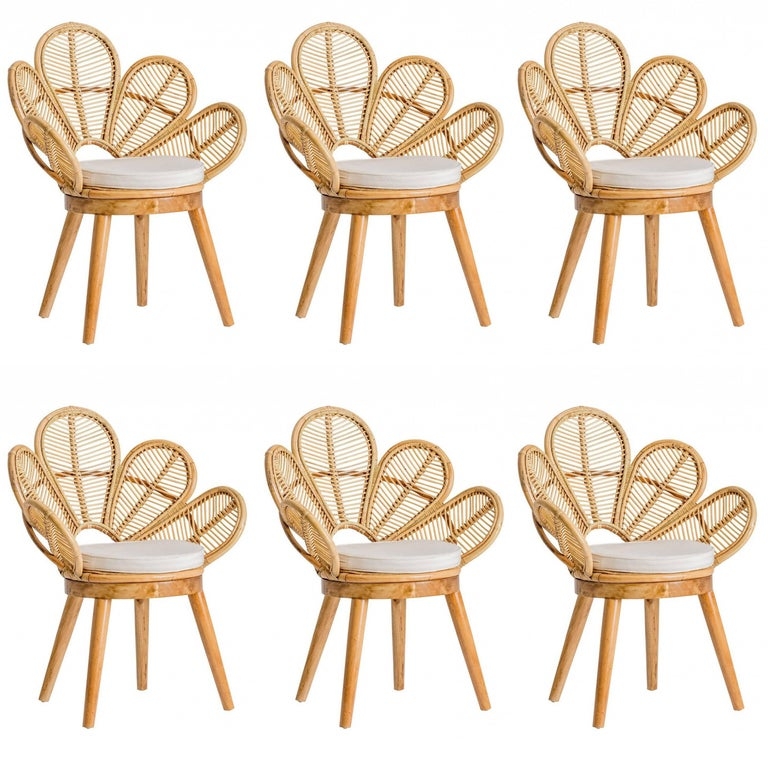 Set of Six Rattan Flower-Shaped Wooden Chairs