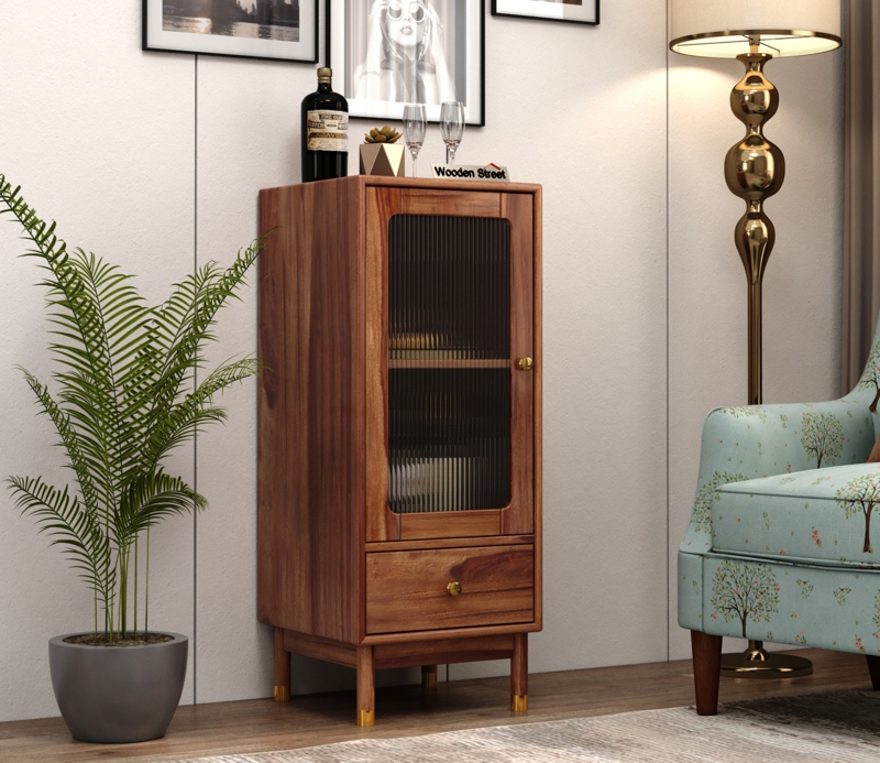 Sheesham Wood Bar Cabinet with Fluted Glass Door