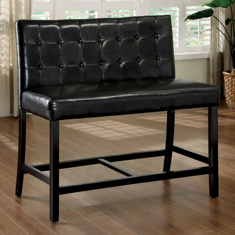 Sleek Modern Black Leather Dining Bench with Back