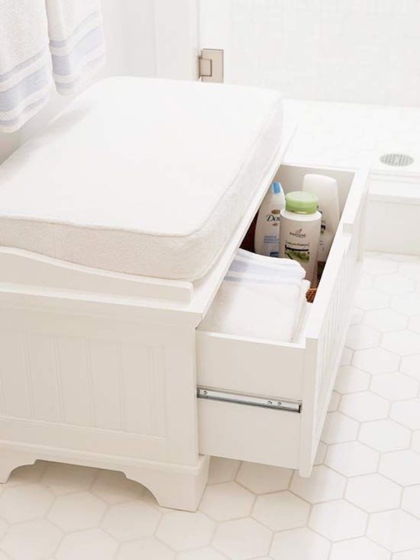 Small White Bathroom Bench with Storage Drawer