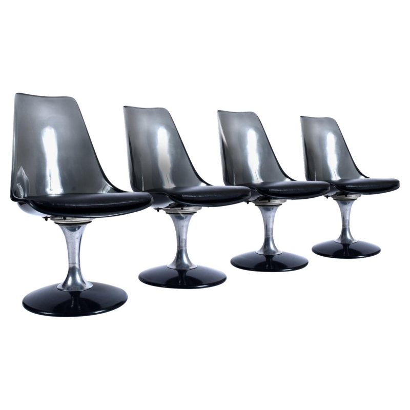 Smoked Lucite Acrylic Tulip Base Swivel Chairs