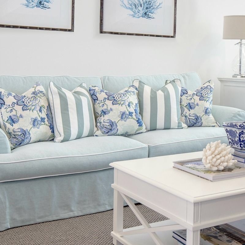 Soft Seafoam Blue Boston Sofa with Patterned Pillows