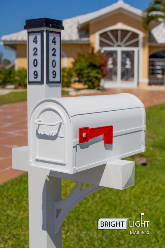 Solar Illuminated White Single Post Mailbox with Red Flag