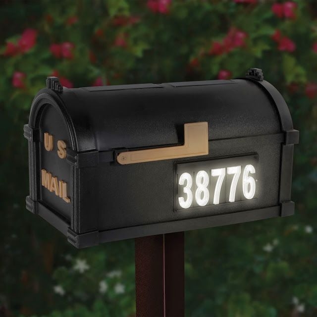 Solar-Powered Illuminated Black Mailbox with Address