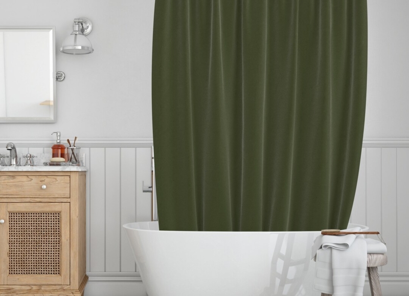 Solid Olive Green Shower Curtain in Modern Bathroom