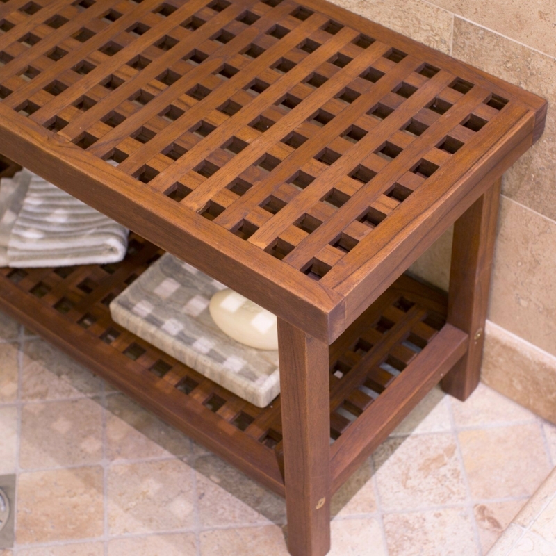 Solid Teak Wood Shower Bench with Storage Shelf