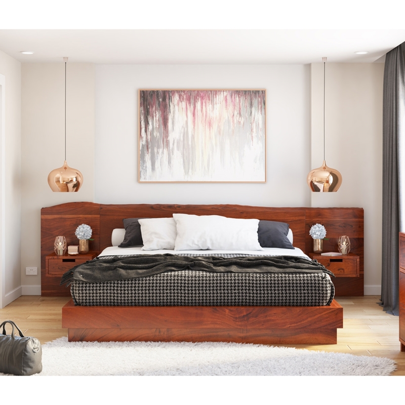 Solid Wood Platform Bed with Floating Nightstands