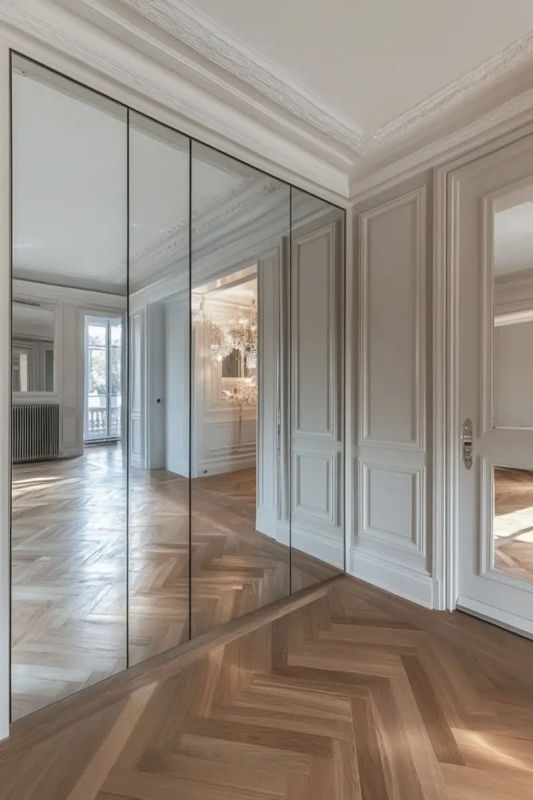 Sophisticated Half-Wall Paneling with Floor-to-Ceiling Mirrors