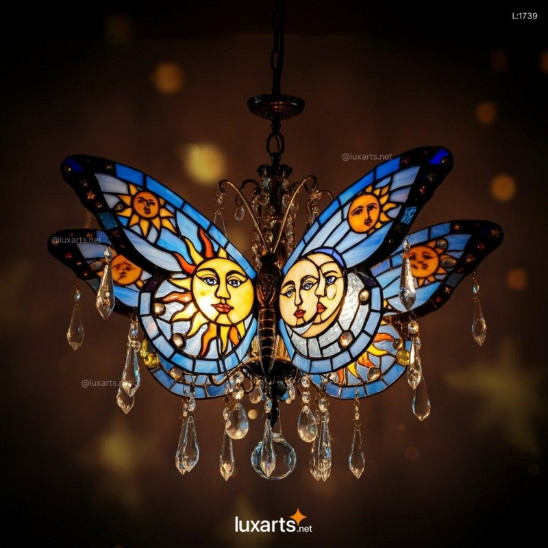 Stained Glass Butterfly Chandelier with Sun and Moon Motifs