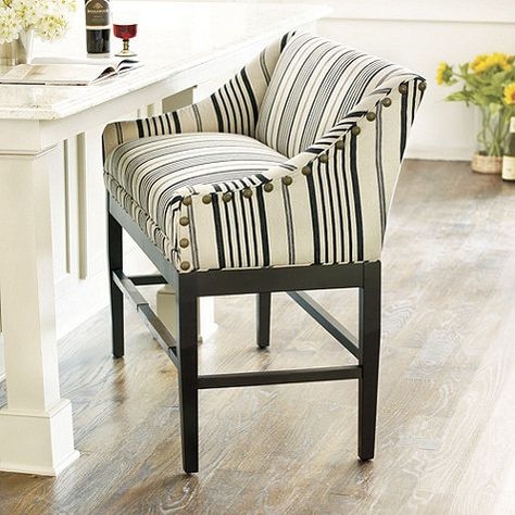 Striped Upholstered Bar Bench with Nailhead Trim
