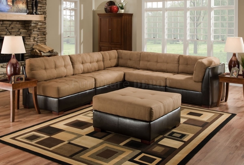Stylish Camel Upholstered Sectional Sofa with Ottoman