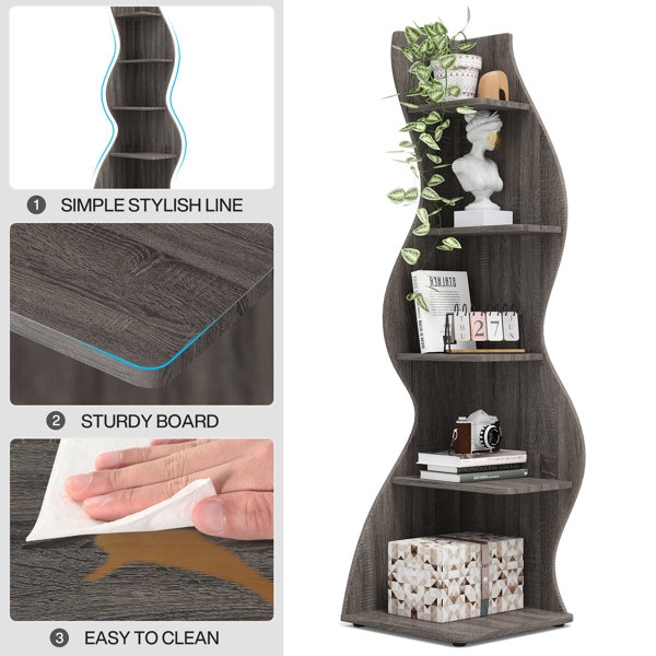 Stylish Wavy Dark Wood Corner Bookcase Shelf