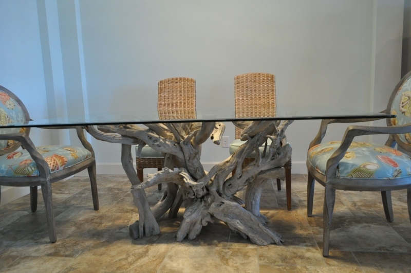 Sun Bleached Driftwood Base Glass Dining Table