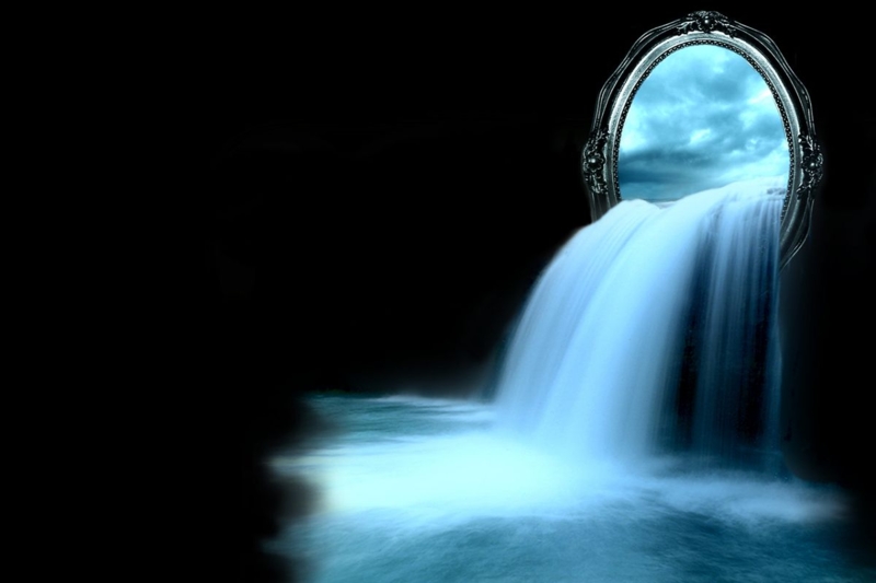 Surreal Waterfall Flowing Through Ornate Mirror