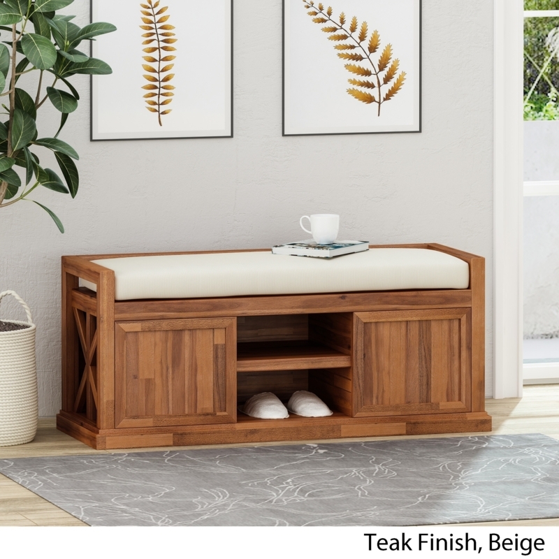 Teak Finish Bathroom Storage Bench with Cushion