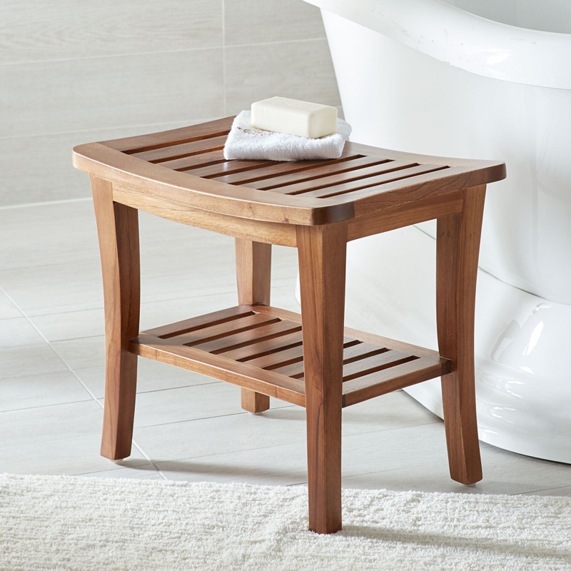 Teak Wood Bathroom Bench with Storage Shelf