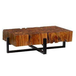 Teak Wood Handmade Live Edge Slice Tree Stump Coffee Table with Black ...