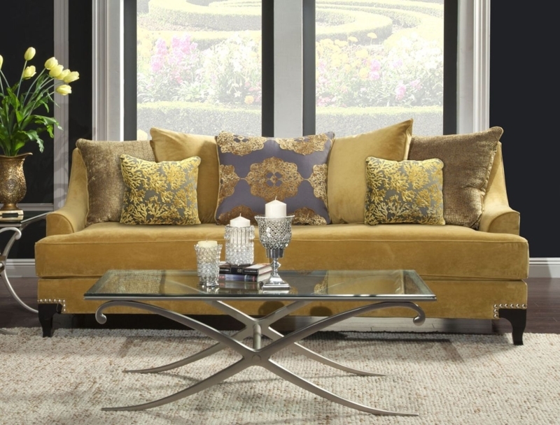Traditional Gold Fabric Sofa with Decorative Pillows