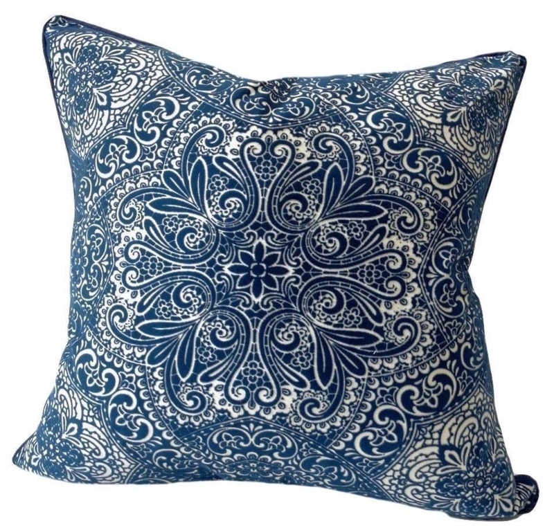 Traditional Navy Blue and Cream Patterned Throw Pillow