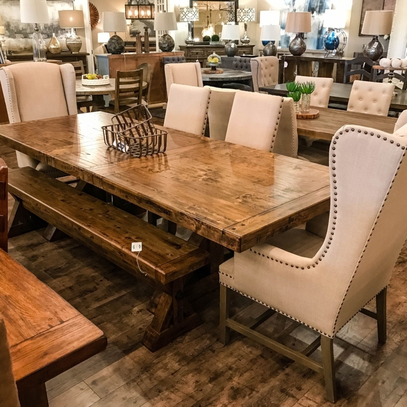 Transitional Driftwood Casual Dining Table with Upholstered Chairs