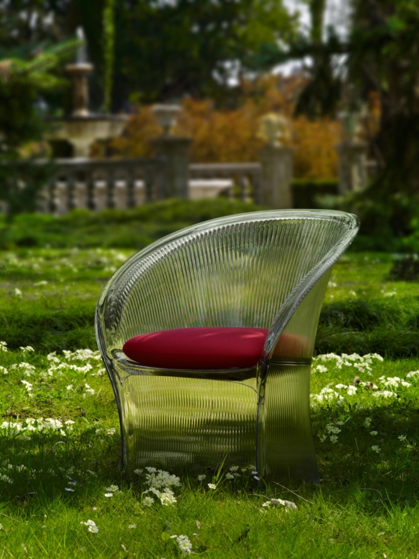Transparent Flower Chair with Red Cushion Outdoor